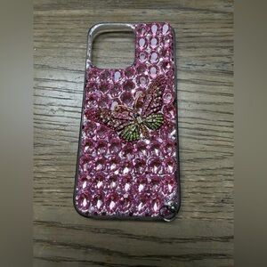 IPhone 14 Pro Más Pink Butterfly Crystal Case